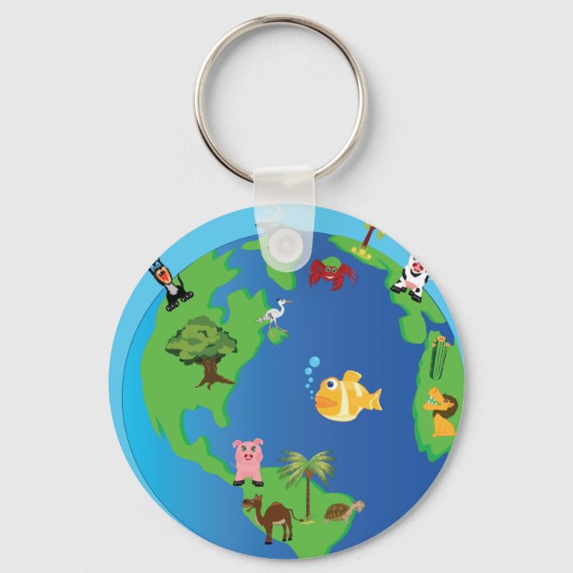 Animal World Map Cute Wildlife Illustration  Keychain (Front)