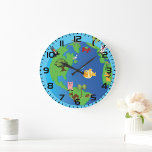 Animal World Map Cute Wildlife Illustration  Large Clock