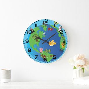 Animal World Map Cute Wildlife Illustration  Large Clock