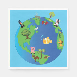 Animal World Map Cute Wildlife Illustration Napkins