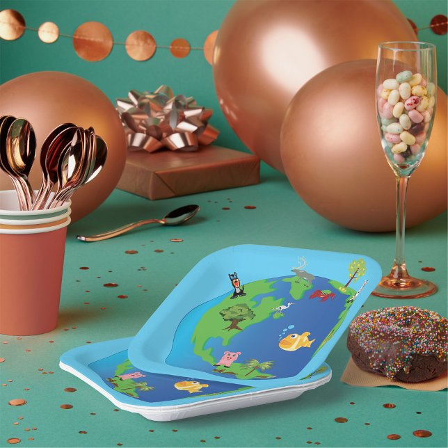 Animal World Map Cute Wildlife Illustration  Paper Plates (Creator Uploaded)