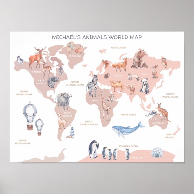Animal World Map,Kids Wall Art (Front)