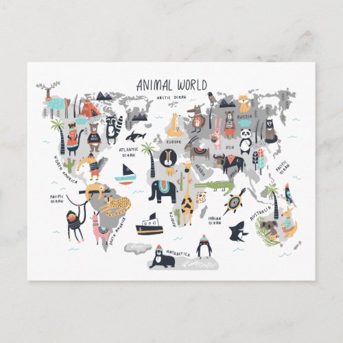 Animal World Map Postcard