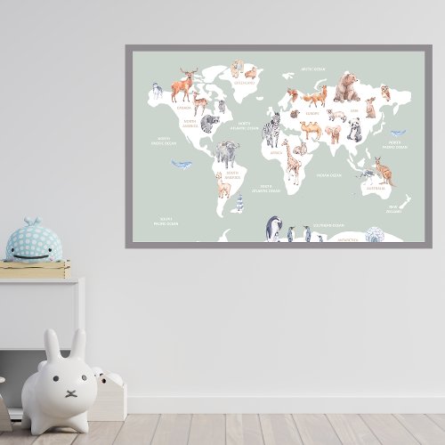 Animal world map poster