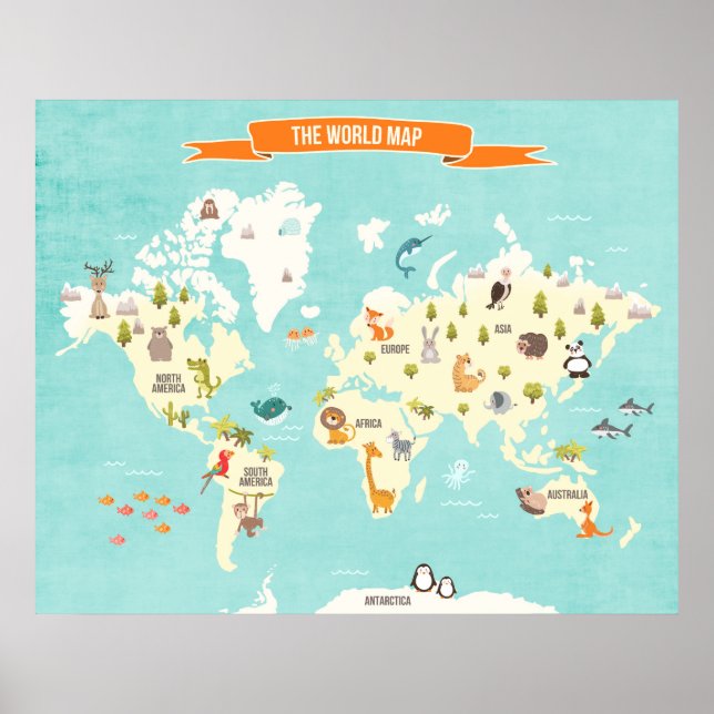 Animal World poster World Map Wall decal Kids (Front)