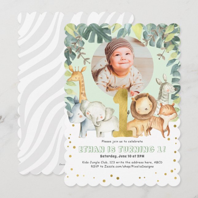 Animals 1st birthday photo invite safari jungle (Front/Back)