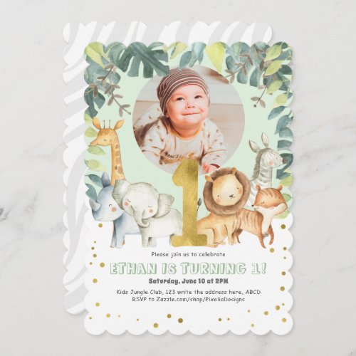 Animals 1st birthday photo invite safari jungle