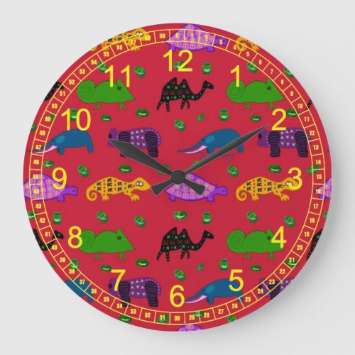 Animals - Abstract Purple Turtles &amp; Blue Elephants Large Clock