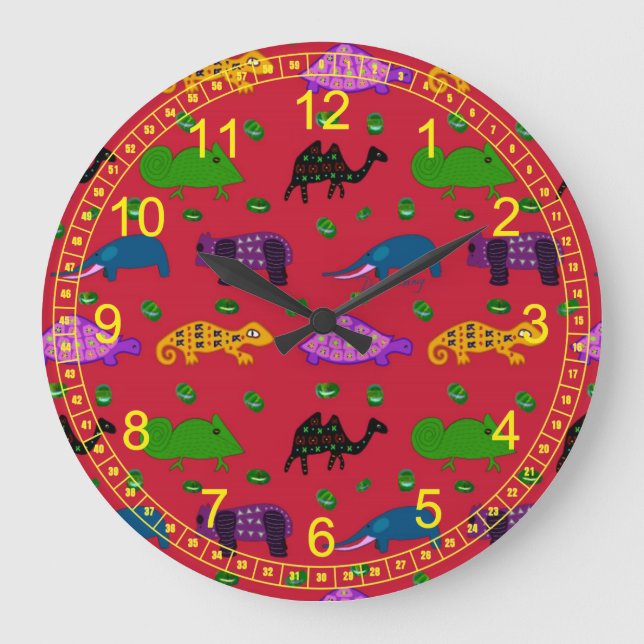Animals - Abstract Purple Turtles & Blue Elephants Large Clock (Front)