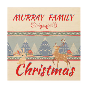 Animals And Blue Trees Christmas Wood Wall Art