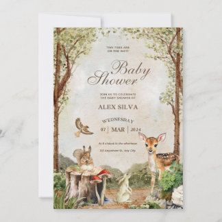 Animals and brown-green watercolor baby shower invitation