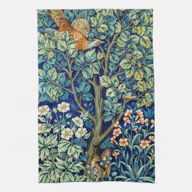Animals and Flowers, Forest, William Morris Kitchen Towel (Vertical)