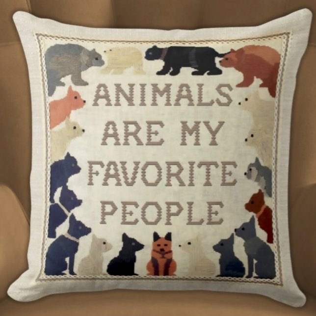 Animals Are My Favorite People - Funny Faux Stitch Throw Pillow (Animals Are My Favorite People Funny Faux Needlepoint Stitched Pillow Neutral Colors Brick Red Navy )