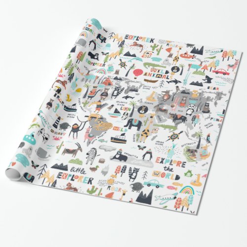 Animals Around the World Map Wrapping Paper