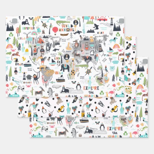 Animals Around the World Map Wrapping Paper Sheets