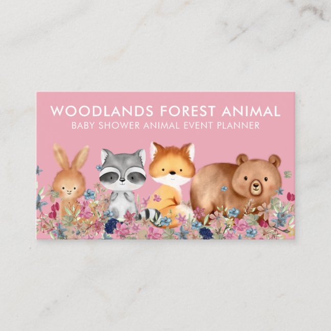 Animals Baby Bear Fox Raccoon Rabbit pink Business Card