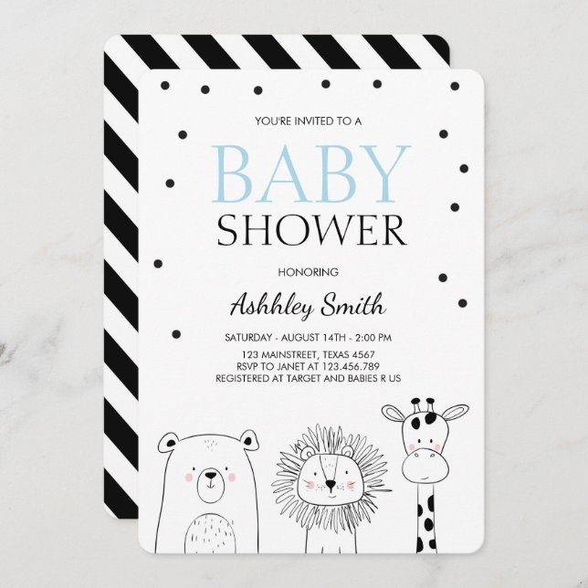 Animals Baby shower invite Zoo Safari Blue Modern (Front/Back)