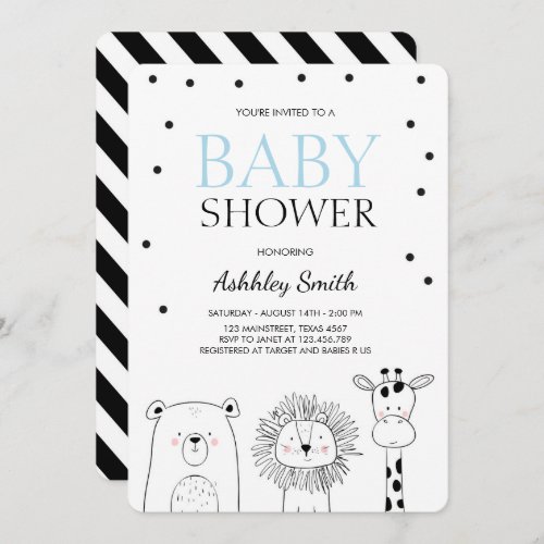 Animals Baby shower invite Zoo Safari Blue Modern