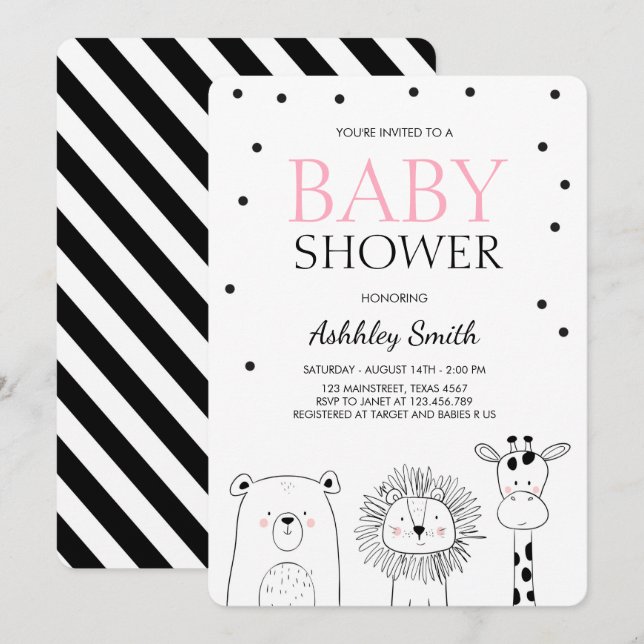 Animals Baby shower invite Zoo Safari Pink Modern (Front/Back)