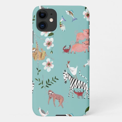 Animals Blue Sloths   Zebra Cute Pattern iPhone 11 Case