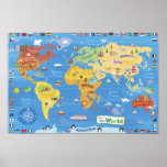 Animals &amp; Countries Flags World Map Poster For Kid