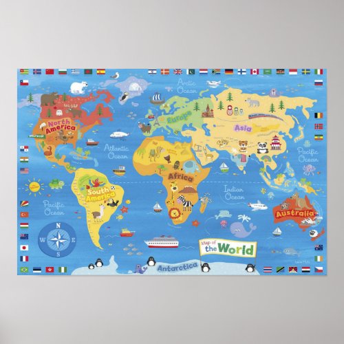 Animals  Countries Flags World Map Poster For Kid