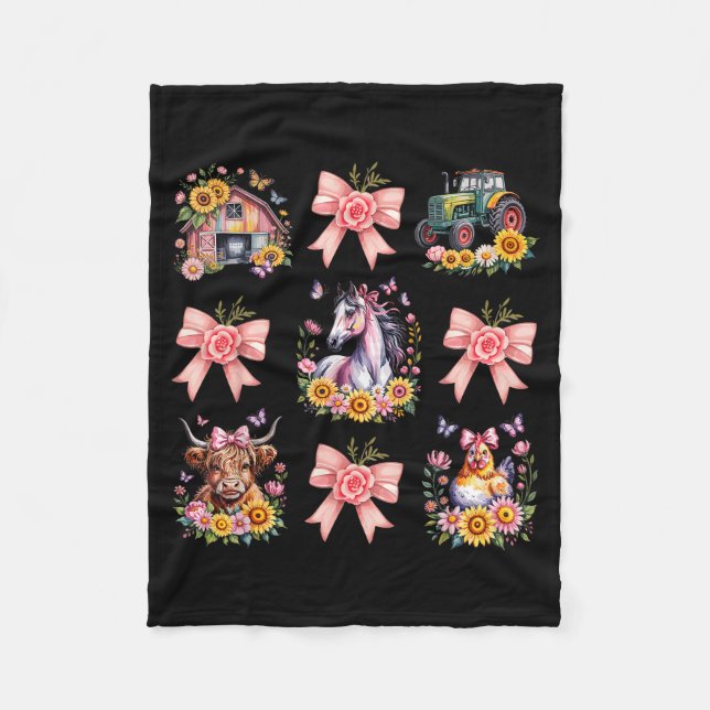 Animals Cow Chicken Horse Tractor Flower Farm Wome Fleece Blanket (Front)