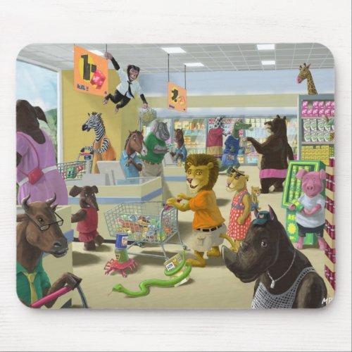 animals doing their shopping at a supermarket mouse pad