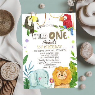 Animals Elephant Lion Birds Leaves 1st Birthday Invitation