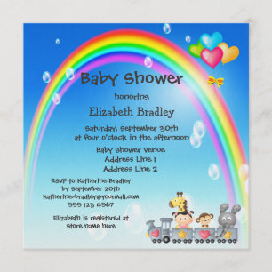 Animals, Girl, Train & Rainbow Baby Shower Invitation
