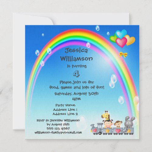 Animals, Girl, Train &amp; Rainbow Birthday Party Custom Invitation