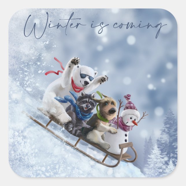 Animals go down the mountain on sleds square sticker (Front)