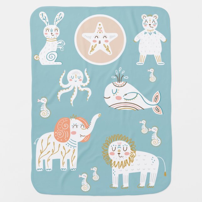 Animals Hand Drawn Boho Scandi Gender Neutral Baby Blanket (Front)