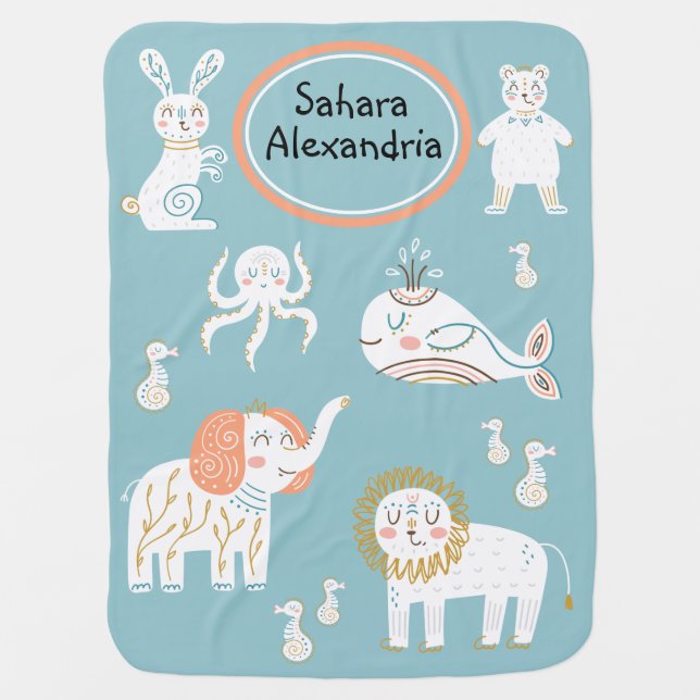 Animals Hand Drawn Boho Scandi Style Blue White  Baby Blanket (Front)