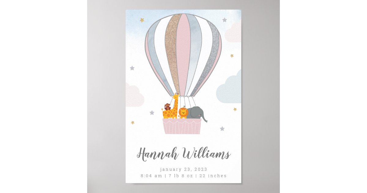 Animals Hot Air Balloon Personalized Birth Stats Poster | Zazzle
