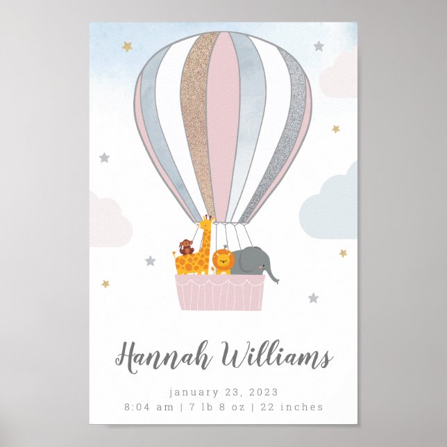 Animals Hot Air Balloon Personalized Birth Stats Poster (Front)