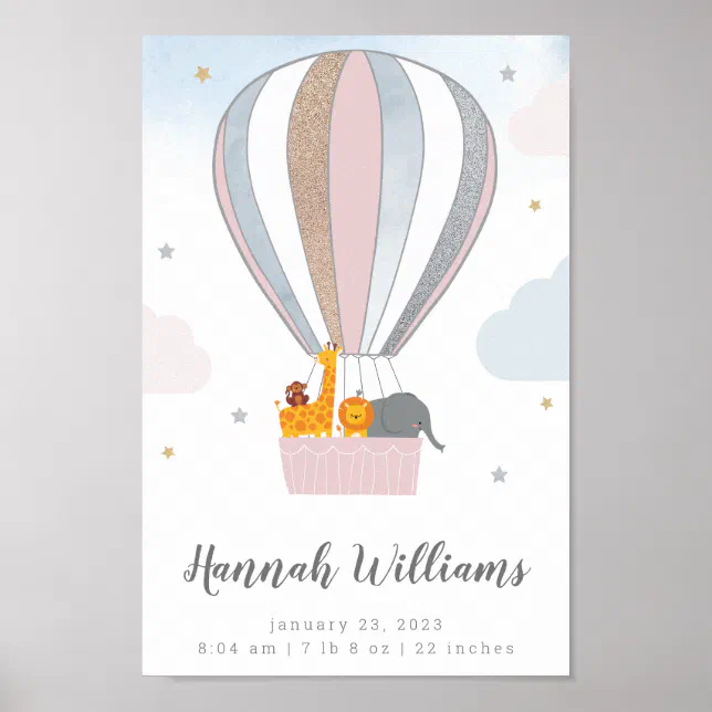 Animals Hot Air Balloon Personalized Birth Stats Poster | Zazzle