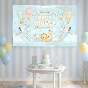 Animals Hot Air Balloons Clouds Cute Baby Shower  Banner