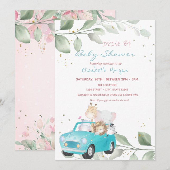 Animals In Car Dots Floral Drive By Baby Shower Invitation (Front/Back)