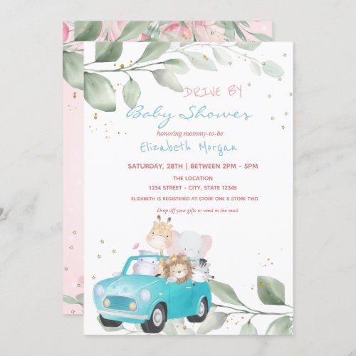 Animals In Car Dots Floral Drive By Baby Shower Invitation