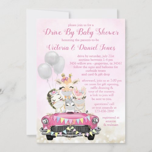 Animals in Car Girl Drive By Baby Shower Invitation