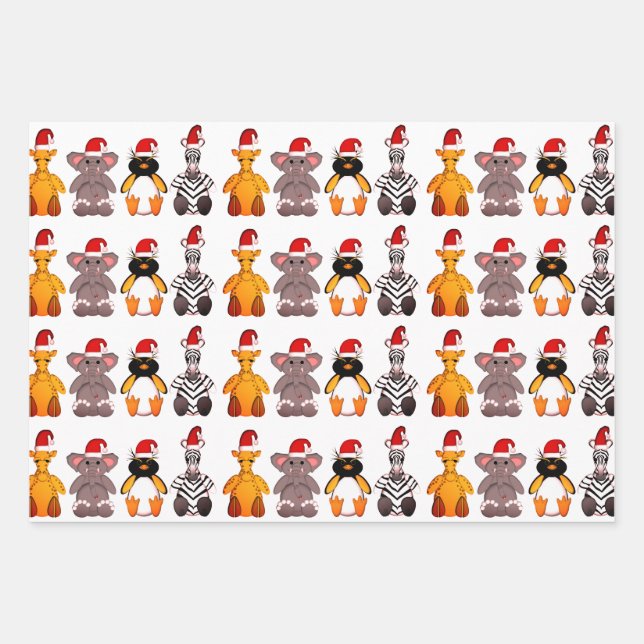 ANIMALS IN Santa hat GIFT WRAPPING SET OF 3 Paper Sheets (Front)