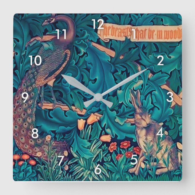 Animals in The Forest, William Morris Square Wall Clock (Front)