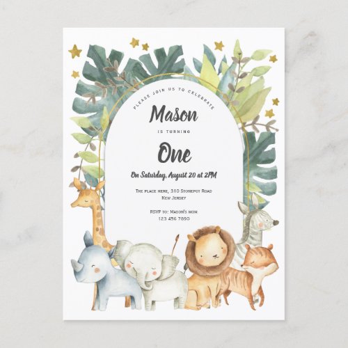 Animals Jungle First birthday invite for toddler