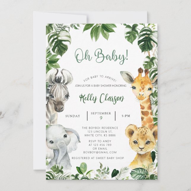 Animals Jungle Safari Oh Boy Baby Shower Invitation (Front)