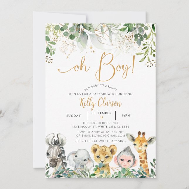 Animals Jungle Safari Oh Boy Baby Shower Invitation (Front)
