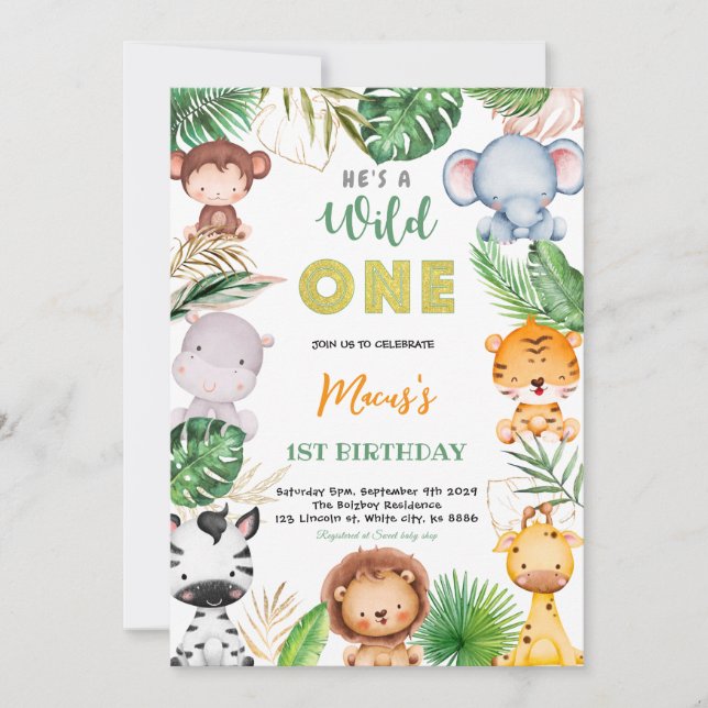 Animals Jungle Safari Wild ONE Birthday Party Invitation (Front)