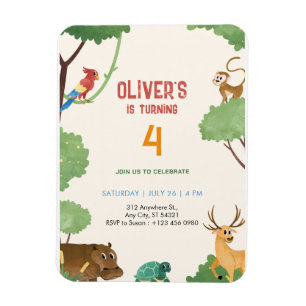 Animals Kingdom Jungle 4th Birthday Invitation   Magnet