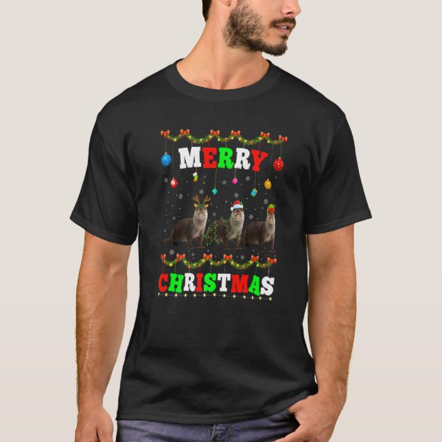 Animals Lights Merry Christmas Santa Otter T-Shirt (Front)