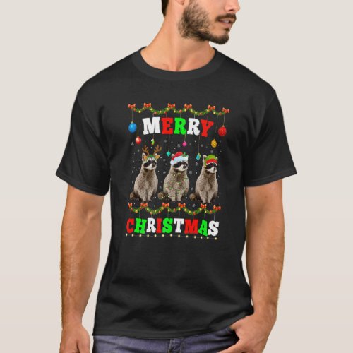 Animals Lights Merry Christmas Santa Raccoon T_Shirt